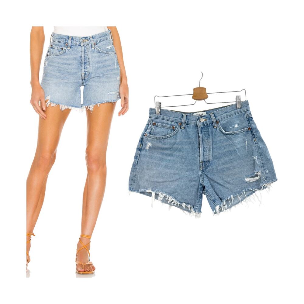 AGOLDE Parker Long Swapmeet High Rise Distressed Denim Shorts Blue Size 28